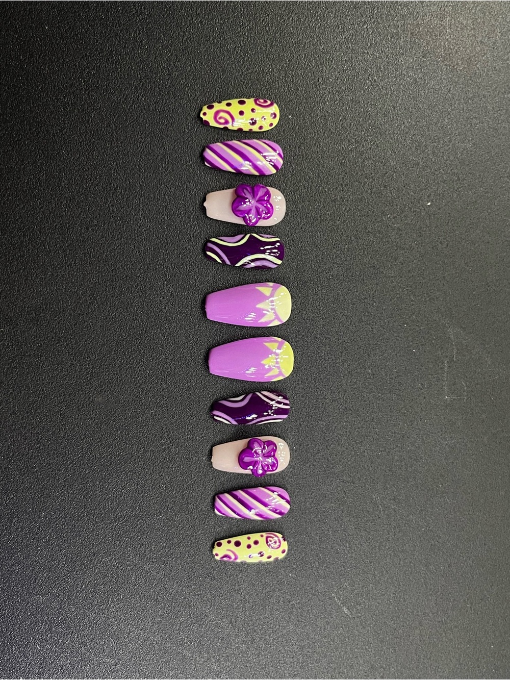 Purple and Yellow Press-On Nail Set with Floral Accents